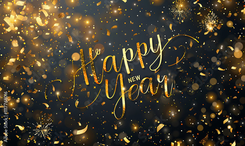 A dazzling New Year background with sparkling fireworks, golden confetti, and 