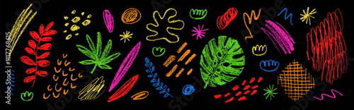 Childish summer vector charcoal scribble textures. Vector hand-drawn set. Chalk textured tropical jungle doodle shapes. Pastel smears, scrawls, scratches, dots. Kids crayon drawings, black background