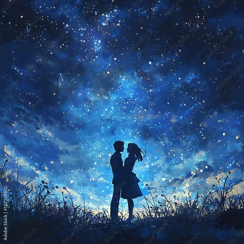 A Heartfelt Valentine's Moment Captured Under a Starry Sky, Showcasing Love and Connection Between Two Silhouetted Figures Embracing in a Dreamlike Landscape A Heartfelt Valentine's Moment Captured Under a Starry Sky, Showcasing Love and Connection Between Two Silhouetted Figures Embracing in a Dreamlike Landscape