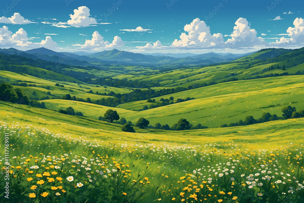 Obraz premium Vast green meadows dotted with yellow and white wildflowers, distant rolling hills under bright blue skies with soft clouds, in anime style