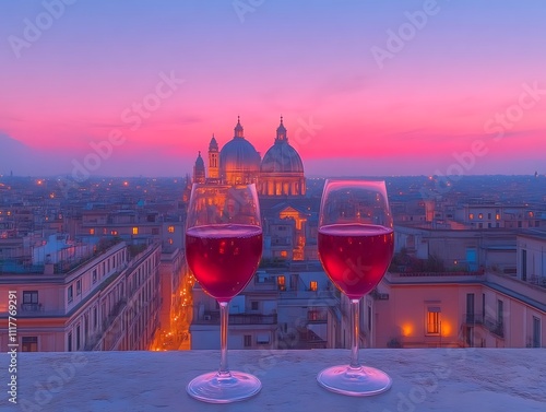 Romantic Sunset Cityscape with Two Glasses of Red Wine photo