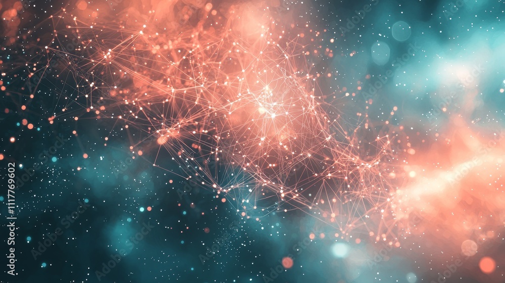 Naklejka premium Beautiful Abstract Space Background with Bright Stars, Colorful Nebula and Connecting Lines in Galactic Scene