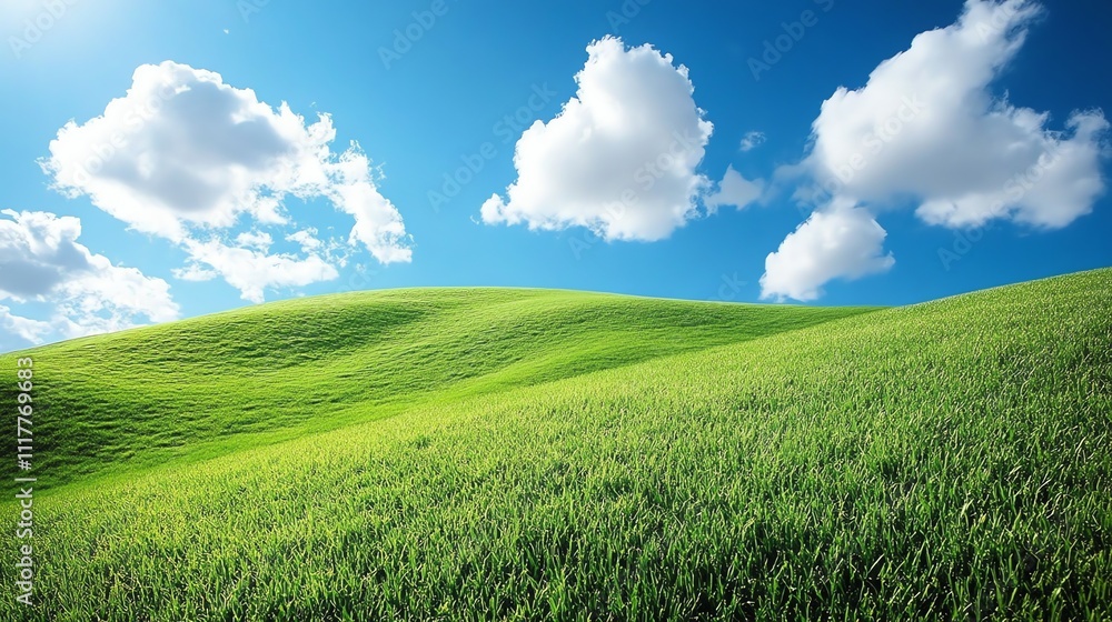 Fototapeta premium A serene landscape featuring rolling green hills under a bright blue sky with fluffy clouds.