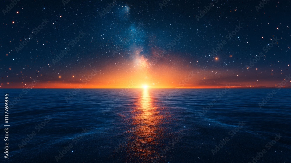 Stunning view of the Milky Way from a distant planet at twilight over an endless ocean Stunning view of the Milky Way from a distant planet at twilight over an endless ocean
