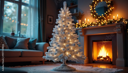 A beautifully lit white Christmas tree stands in a cozy living room. The ambiance with a fireplace and decorations creates a warm holiday spirit. AI generated