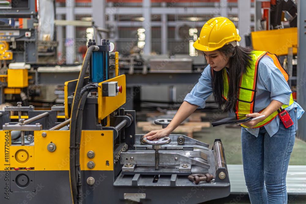Female mechanical engineer in safety suit checking or inspecting a machine in metal sheet production system. Using technology for iron sheet formation and shape. Young factory worker examining machine Female mechanical engineer in safety suit checking or inspecting a machine in metal sheet production system. Using technology for iron sheet formation and shape. Young factory worker examining machine