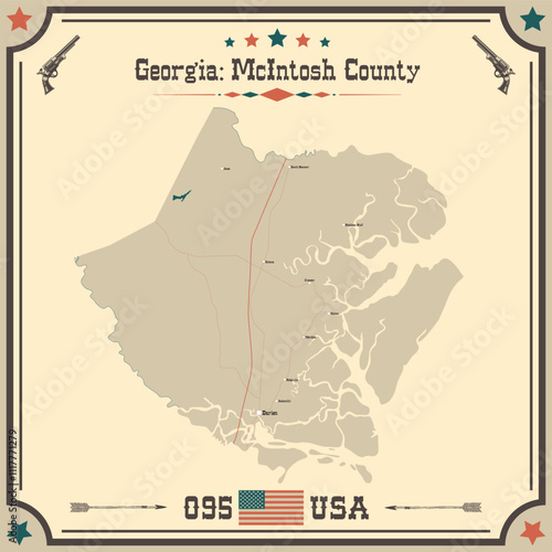 Large and accurate map of McIntosh County, Georgia, USA with vintage colors.