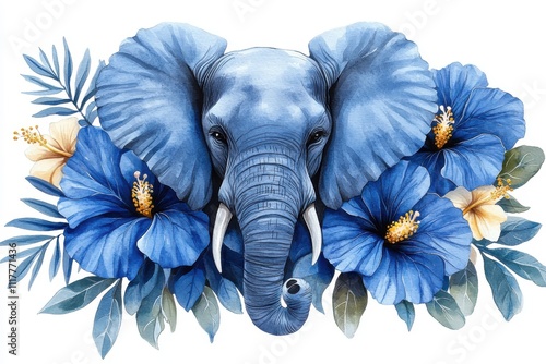 Fototapeta Naklejka Na Ścianę i Meble -  A watercolor illustration of an elephant surrounded by blue flowers and tropical leaves.