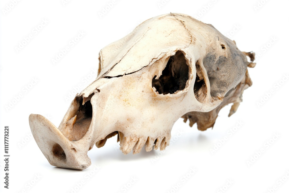 A detailed view of a skull on a white background, suitable for use in scenes related to death, mourning or Halloween A detailed view of a skull on a white background, suitable for use in scenes related to death, mourning or Halloween
