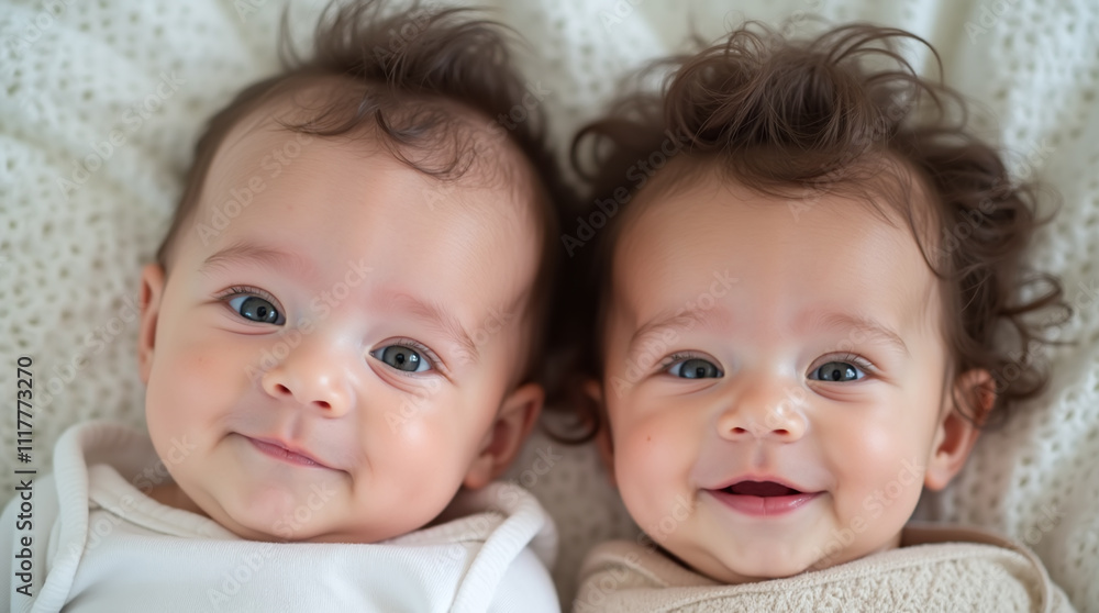 Two Adorable Cute Mix-Race Newborn Babies Twins Siblings Infants Awake and Smiling Two Adorable Cute Mix-Race Newborn Babies Twins Siblings Infants Awake and Smiling