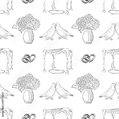 vector seamless patterns of line art elements on the theme of wedding photo