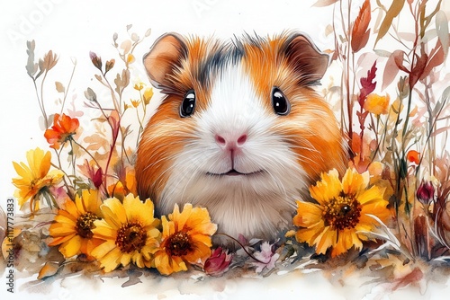 A cute guinea pig surrounded by vibrant flowers in a whimsical, artistic style.