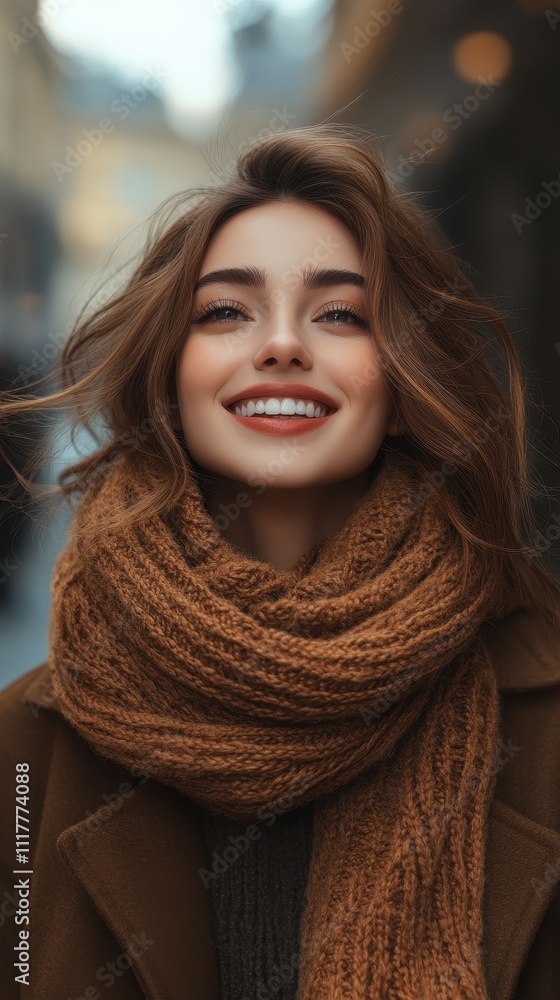 A cheerful young woman stands in a busy city street, her hair gently tousled by the breeze. She wears a thick, warm scarf and a jacket, enjoying the autumn atmosphere A cheerful young woman stands in a busy city street, her hair gently tousled by the breeze. She wears a thick, warm scarf and a jacket, enjoying the autumn atmosphere