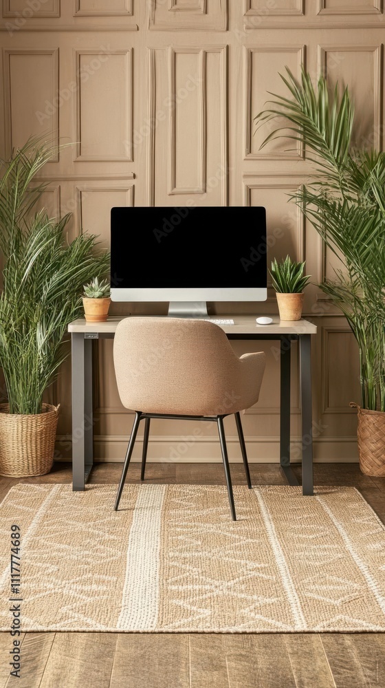 Fototapeta premium A minimalist home office setup featuring a desk, computer, and plants.