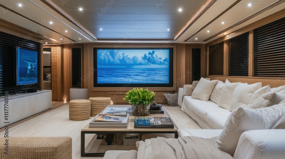 Luxurious Yacht Interior with Modern Furnishings and Ocean Views Luxurious Yacht Interior with Modern Furnishings and Ocean Views