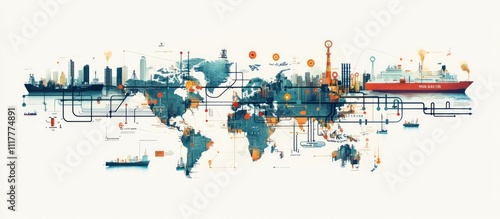 Fototapeta Naklejka Na Ścianę i Meble -  An illustration of a world map with cities, ships, and transportation routes representing global trade and connectivity.