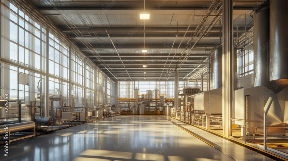 Modern Industrial Factory Interior: Sunlight Streaming Through Large Windows Illuminating Clean Production Lines and High Ceilings Modern Industrial Factory Interior: Sunlight Streaming Through Large Windows Illuminating Clean Production Lines and High Ceilings