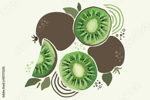 Stylish green kiwi fruit vector flat minimalistic isolated illustration. Fruit illustration for fabric or wallpaper design. half and cut slice kiwi illustration isolated on white background