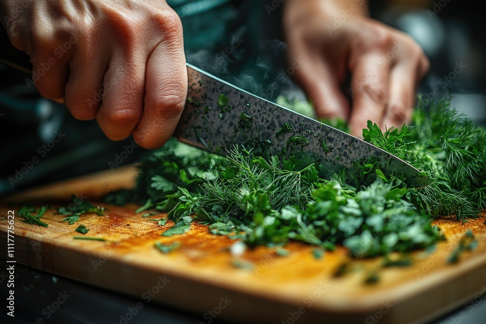 A person chopping various green herbs on a wooden cutting board A person chopping various green herbs on a wooden cutting board