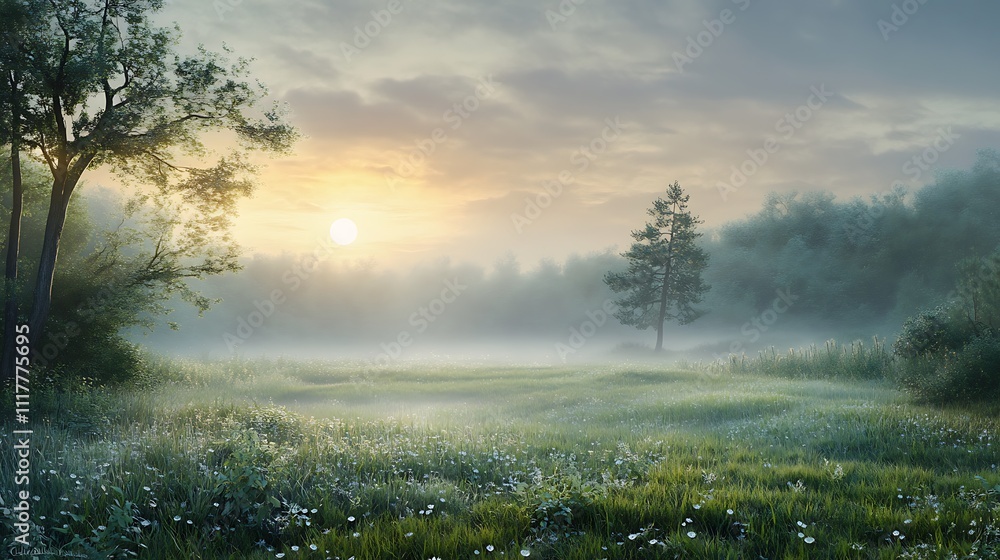 A serene landscape at dawn, featuring mist, trees, and wildflowers under a rising sun. A serene landscape at dawn, featuring mist, trees, and wildflowers under a rising sun.