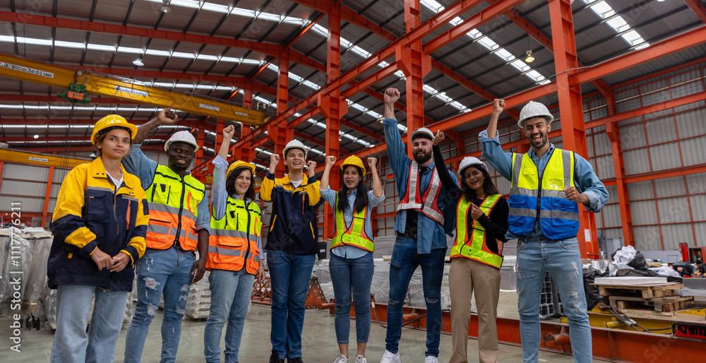 A group of mechanical engineers from different cultures and ethnicities get together in front of the metal steel factory is celebrating after getting the project done. Diverse cultures in workplace A group of mechanical engineers from different cultures and ethnicities get together in front of the metal steel factory is celebrating after getting the project done. Diverse cultures in workplace
