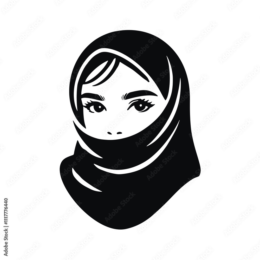 Vector simple black and white silhouette of a young Muslim girl child wearing a hijab. Isolated design on white. Vector simple black and white silhouette of a young Muslim girl child wearing a hijab. Isolated design on white.