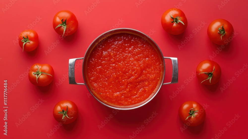 Fresh Tomato Sauce with Ripe Tomatoes on Red Background. Fresh Tomato Sauce with Ripe Tomatoes on Red Background.