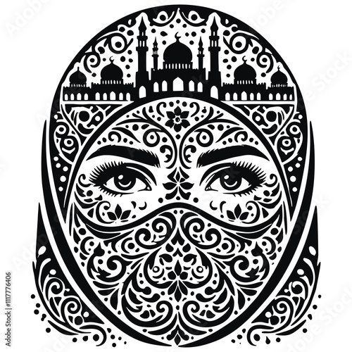 Vector Muslim arabic woman with ornamental  hijab and a face veil, mosque silhouette and crescent moons in the background. Isolated black lines patterns on white. Black and white silhouettes.