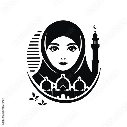 Vector simple black and white silhouette of a young Muslim girl child wearing a hijab and mosque silhouettes. Isolated design on white.