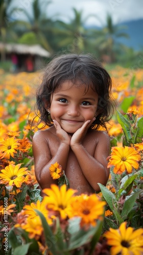 A cheerful child stands in a field filled with bright yellow flowers. Surrounded by nature, the child smiles and holds their face with hands, embodying innocence and joy on a beautiful day