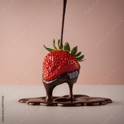 A strawberry dipped halfway into chocolate, dripping elegantly against a soft gradient background.