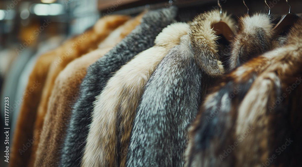 Cute fur coats hanging on hangers in the store, with a bokeh background. Close-up of luxury women's made from natural animal furs. Concept of high-end fashion and the winter season. Cute fur coats hanging on hangers in the store, with a bokeh background. Close-up of luxury women's made from natural animal furs. Concept of high-end fashion and the winter season.