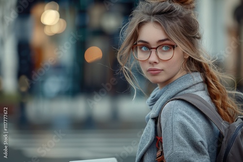 A woman looks at her laptop while sitting outside, perhaps working or taking a break