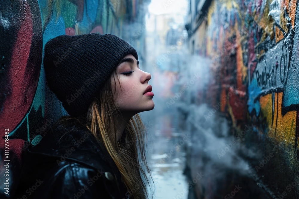 A woman stands in front of a colorful graffiti-covered wall, with vibrant artwork and urban scenery A woman stands in front of a colorful graffiti-covered wall, with vibrant artwork and urban scenery