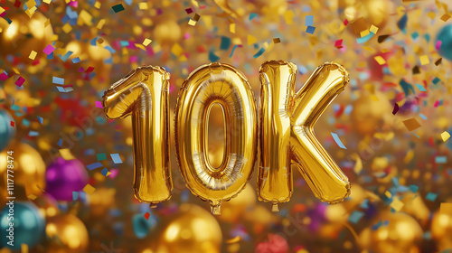 Subscribe concept. Holiday poster for banner, poster 10K subscribers celebration foil golden balloons text 