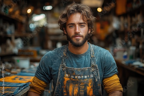 A person wearing an apron and a beard, possibly a craftsman or artist