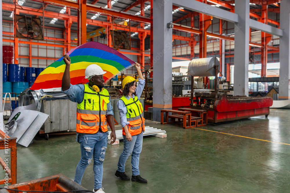 Two mechanical engineers from different ethnicities express their pride for LGBT by showing a ribbon flag in a metal sheet factory. Human rights and gender equality in industry Two mechanical engineers from different ethnicities express their pride for LGBT by showing a ribbon flag in a metal sheet factory. Human rights and gender equality in industry