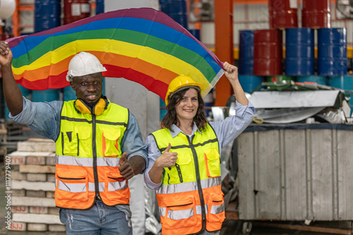 Two mechanical engineers from different ethnicities express their pride for LGBT by showing a ribbon flag in a metal sheet factory. Human rights and gender equality in industry