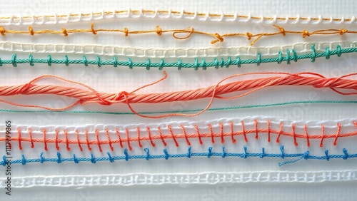 Intricate Sewing Thread Stitches, A Collection of Running Stitch, Backstitch, Satin Stitch, Whipstitch, and More on Ethereal Gelatinous Surface