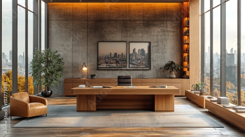 Wallpaper Mural Modern office interior with large windows and urban views  Torontodigital.ca