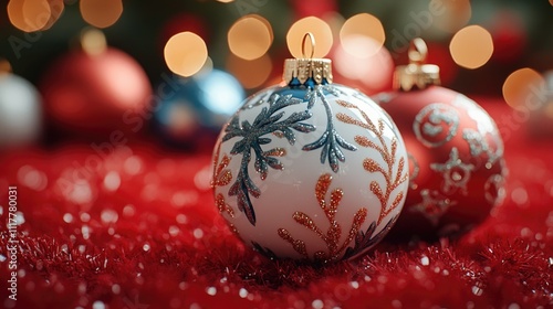 Close-up shot of two decorative ornaments on a bright red surface photo