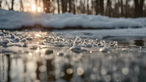 Sunlit Ice Crystals: A stunning close-up of ice crystals illuminated by the golden rays of the setting sun, creating a breathtaking winter scene. River.