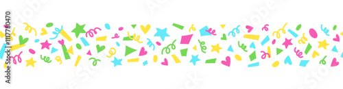 Bright confetti seamless border isolated on white background. Confetti explosion. Celebration background, banner, header, mail listing. Serpentine, colored paper cuts. Decoration for birthday, holiday