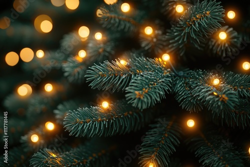 Close up shot of a decorated Christmas tree with lights