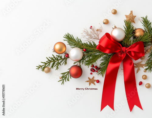 Christmas elegant white background with the inscription "Merry Christmas", red bow, golden bells