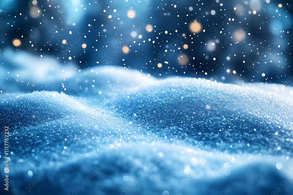 Obraz premium Magic blue holiday abstract glitter background with blinking stars and falling snowflakes. Blurred bokeh of Christmas lights.