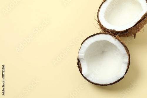 Coconut on color background, top view