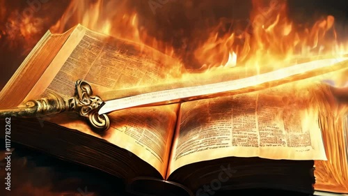 Flaming sword is slowly moving on an ancient book. The scene is dark and mysterious, with flames providing the only light