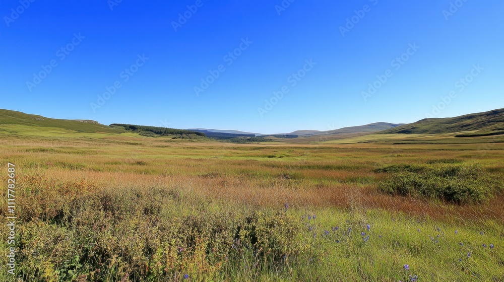 Fototapeta premium Serene Valley Landscape under a Clear Blue Sky.
