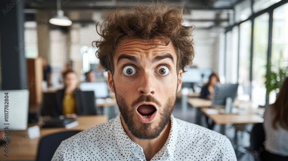 Surprised man in an office setting with coworkers Surprised man in an office setting with coworkers